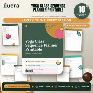Puede incluir: Un conjunto de planificadores de clases de yoga imprimibles de 10 páginas con secciones para enseñanza, temas, intenciones y reflexiones posteriores a la clase. Diseño en verde oscuro, naranja y blanco con etiquetas de texto.