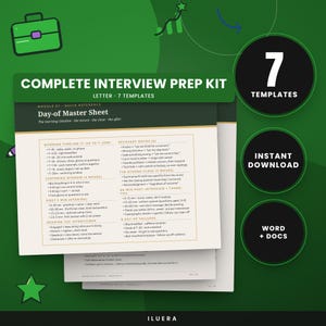 Peut inclure: Un document numérique intitulé Complete Interview Prep Kit présentant une fiche Day-of Master Sheet avec un planning matinal, des techniques de recentrage, des étapes d'ouverture, des conseils d'entretien, des solutions et des remerciements.