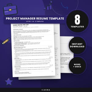 May include: A Project Manager resume template document featuring professional text, bullet points, and headers. The design includes a dark purple background with a briefcase icon, a pencil icon, and three circular badges stating 8 Templates, Instant Download, and Word + Docs.