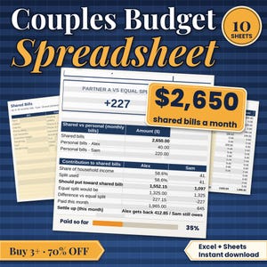 Hoja de cálculo de presupuesto para parejas, facturas individuales (de él, de ella y compartidas), reparto de aportaciones, objetivos de ahorro, Google Sheets o archivo de Excel.