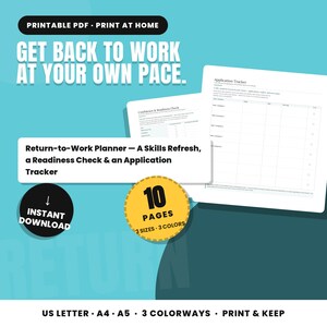 Return to Work Planner Printable, Back to Work After a Career Break, Confidence and Application Tracker PDF