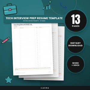 May include: A tech interview prep resume template with 13 pages, featuring a study log document with columns for date, topic to review, and checkboxes. The design includes a briefcase icon, a pencil, and text stating 13 pages, instant download, and word + docs.