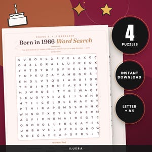 May include: A printable word search puzzle sheet titled Born in 1966 Word Search, featuring a grid of letters for finding 12 hidden words. The document includes a section for words to find, with additional text indicating 4 puzzles and instant download.