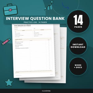 May include: A 14-page interview question bank practice log document with a white background and black text. The header reads INTERVIEW QUESTION BANK and PRACTICE LOG. The form includes sections for interview details, format, and a checklist.