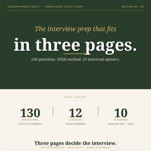 Puede incluir: Una infografía verde y blanca titulada "Career Power Tools Behavioral Cheat Sheet". El texto dice "The interview prep that fits in three pages". Incluye información sobre 130 preguntas, 12 historias y 10 abridores.