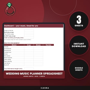 May include: A digital wedding music planner spreadsheet with a dashboard for tracking songs, run-times, and specific event moments like the first dance and dinner. The layout includes columns for songs, minutes, and run-time, labeled 3 sheets, instant download.