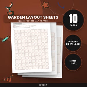 May include: A set of white garden layout sheets featuring a square-foot bed map grid. The text reads Garden Layout Sheets, Square-Foot Bed Map, 10 Pages, Instant Download, and Letter + A4. The sheets are displayed against a dark brown background.