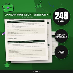 Könnte beinhalten: Ein LinkedIn-Profil-Optimierungskit mit 248 Seiten. Das Dokument enthält Anleitungen zur beruflichen Positionierung und zu Karrierewechseln mit konkreten Beispielen für Marketing- und Tech-Positionen. Es ist als digitaler Download verfügbar.