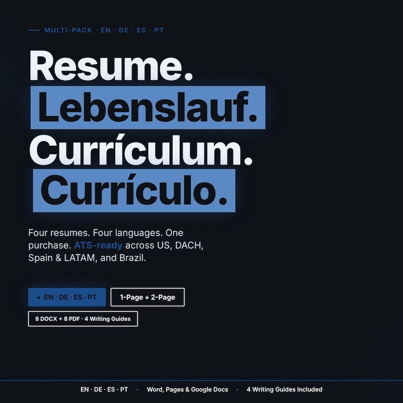 Multi-language Resume Pack En De Es Pt | International CV Bundle | ATS ...