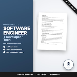 May include: A resume template for a Software Engineer, Developer, or Tech professional. The design includes the text "SOFTWARE ENGINEER" in large white letters, with supporting text. The resume is ATS-friendly and includes a 1 & 2 page resume, cover letter, and references.