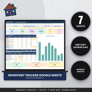 Op de afbeelding: Een voorraadvolgsysteem-dashboard voor Google Sheets en Excel op een scherm. De interface bevat een voorraadoverzicht, categorie-indeling, bestellijst en een staafdiagram met voorraadwaarde. Tekst: 7 SHEETS, INSTANT DOWNLOAD, GOOGLE SHEETS.