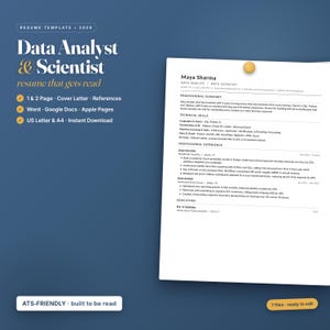 Può includere: Un modello di curriculum vitae intitolato "Data Analyst & Scientist". Include sezioni per lettera di presentazione, referenze ed è compatibile con Word, Google Docs, Apple Pages, formati US Letter e A4. Il curriculum è compatibile con ATS.