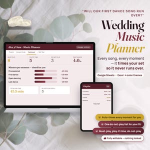 Op de afbeelding: Een digitale bruiloftsmuziekplanner weergegeven op een laptop- en smartphonescherm. De interface bevat een dashboard met liedcategorieën, timing voor momenten zoals de eerste dans en een afspeellijstsectie. De tekst bevat "Wedding Music Planner" en "Will our first dance song run over?" met vermelding van compatibiliteit met Google Sheets en Excel.