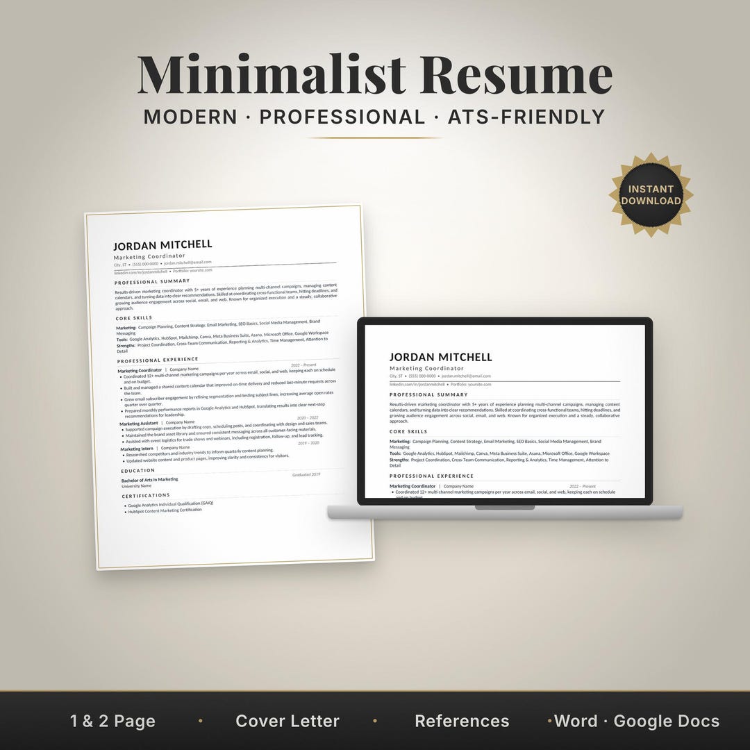 Minimalist Resume Template Word | Modern Professional CV | 1 & 2 Page ...
