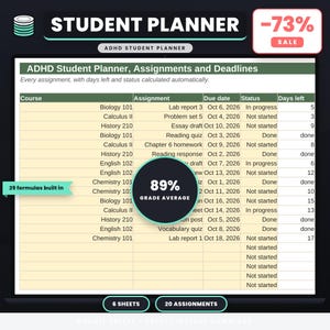 ADHD Student Planner Spreadsheet, Assignments and Deadlines, Weekly Plan, Grades and Budget, Google Sheets + Excel