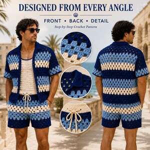 Men’s Crochet 3 Piece Set Pattern PDF, Crochet Shirt Shorts & Tank Pattern, Granny Stitch Resort Wear, Summer Outfit, Sizes S-3XL