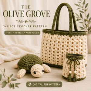 May include: A crochet pattern titled The Olive Grove featuring a tote bag, a turtle, and a mini pouch. The items are made with cream and olive green yarn. The tote has a grid pattern, the turtle has a green shell, and the pouch has a drawstring.