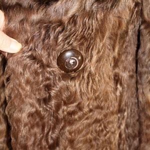 May include: Close-up of a brown fur coat with two large brown buttons. The fur is soft and fluffy.
