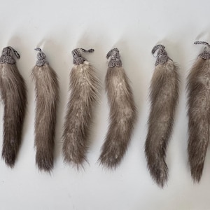 May include: Eight grey fur tails with decorative silver-coloured tops are arranged against a white background. The tails are long and tapered, with a soft, fluffy texture. The silver tops have a woven design.