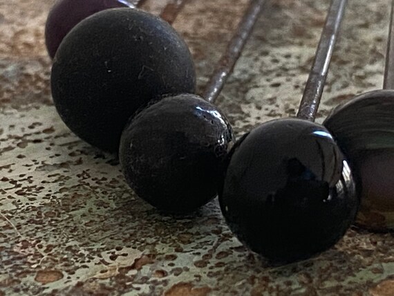 Antique Black Wood Bulb Hat Pin Hatpin Black Glass Ball English Mourning Long Hat Pin  main image 4