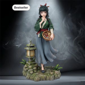 May include: A figurine of a woman in traditional Asian attire, holding a basket of items. She wears a green jacket, a red sash, and a long blue skirt. The figurine stands on a stone base with a lantern. The word "Bestseller" is in the top left corner.