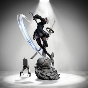 May include: A detailed figurine of a character with short white hair, wearing a black dress with white embroidery, black thigh-high stockings, and a blindfold. The figure holds a sword with a translucent blue arc effect and stands on a gray base.