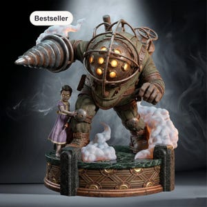 May include: A detailed statue of a Big Daddy from the video game Bioshock, with a Little Sister. The Big Daddy is in a diving suit with a drill arm. The Little Sister is in a purple dress. The base is decorated with gold accents and the word "Bestseller".