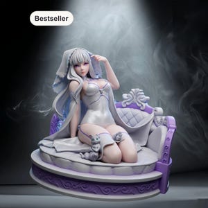 May include: A white figurine of a woman with long silver hair, wearing a white outfit and seated on a purple and white ornate chair. A small gray cat figurine sits beside her. The word "Bestseller" is in a white box in the upper left corner.