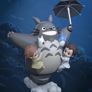 May include: A gray Totoro figure with a wide grin, holding a black umbrella. Two children and two smaller creatures cling to its body. The scene is set against a dark blue background with stylized clouds, creating a whimsical, animated feel.