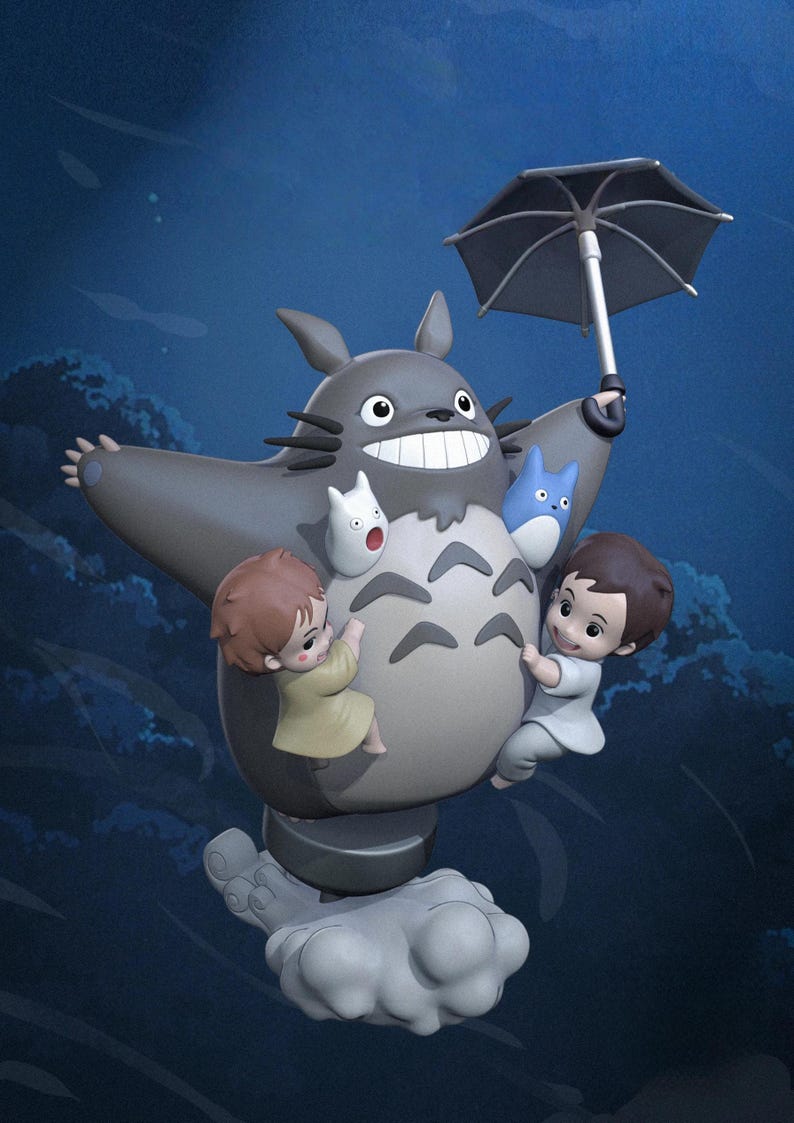 May include: A gray Totoro figure with a wide grin, holding a black umbrella. Two children and two smaller creatures cling to its body. The scene is set against a dark blue background with stylized clouds, creating a whimsical, animated feel.
