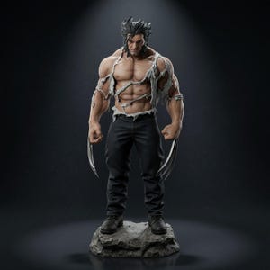 Pode incluir: Uma estatueta detalhada de um personagem musculoso com cabelo escuro espetado e costeletas, vestindo uma regata branca rasgada e calças escuras. A figura tem garras metálicas longas e afiadas nas mãos e está sobre uma base rochosa texturizada.