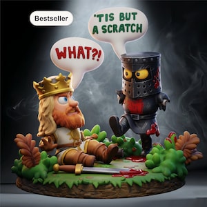 May include: A figurine depicting a comical scene with two knights. One knight, wearing a crown, is lying down with a sword nearby, while the other, in black armor, says "'TIS BUT A SCRATCH". The first knight's speech bubble says "WHAT?!"