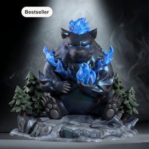 May include: A dark gray bear figurine with blue flame accents. The bear is seated on a rocky base with small evergreen trees. The bear holds a blue flame in its paws and has blue flames around its head and shoulders. The word "Bestseller" is in a white oval.
