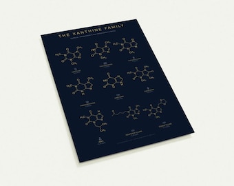 Xanthine Family Molecule Postcards | Caffeine Theobromine Theophylline | Chemistry Art Set of 10 | Science Coffee Gift