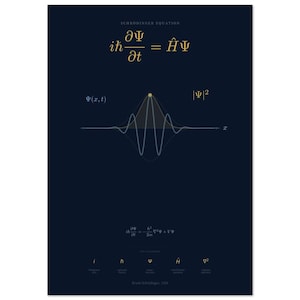 Può includere: Un poster blu scuro che presenta l'equazione di Schrödinger in testo dorato in alto. Sotto, è visualizzato un grafico della funzione d'onda azzurro etichettato Ψ(x, t) e |Ψ|². La parte inferiore include l'equazione temporale e una legenda.