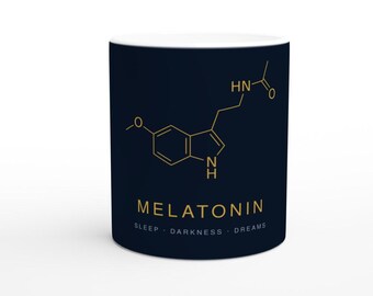 Melatonin Molecule Mug | Navy Gold Sleep Chemistry Mug | 11oz Ceramic Neuroscience Gift | Night Owl Gift