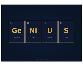 GENIUS Element Tiles Print | Minimalist Navy Gold Periodic Table Word Art | Chemistry Poster | Science Teacher Gift