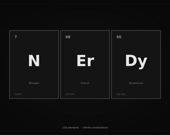 NERDY Element Tegelprint | Minimalistische zwarte wetenschapsposter | WordArt periodiek systeem | Geekcadeau