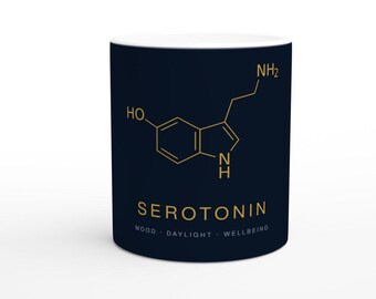 Serotonin Molecule Mug | Navy Gold Neuroscience Mug | 11oz Ceramic Happiness Chemistry Gift | Psychology Gift