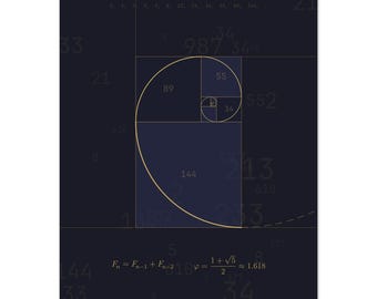 Fibonacci-spiraalafdruk | Gulden snede wiskunde muurkunst | Minimalistische wetenschapsposter | Geometrische spiraalkunst | Neutrale wiskundige afdruk