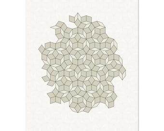 Penrose Tiling Print | White Geometry Poster | Aperiodic P3 Rhombus Wall Art | Mathematician Gift | Five-Fold Symmetry