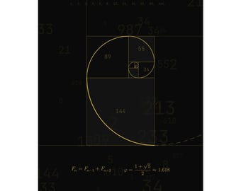 Fibonacci Spiral Art Print | Black Gold Golden Ratio Poster | Mathematics of Nature Wall Art | Math Lover Gift