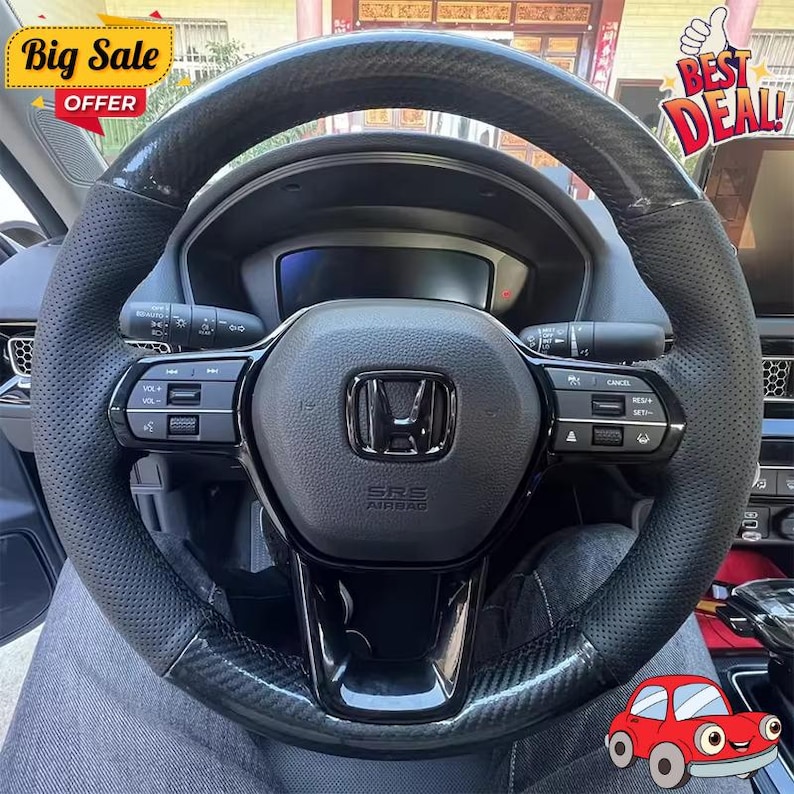 May include: A black and gray Honda steering wheel with perforated leather grips and carbon fiber accents. The center features the Honda logo and SRS AIRBAG text. The image includes the text "Big Sale OFFER" and "Best Deal!"