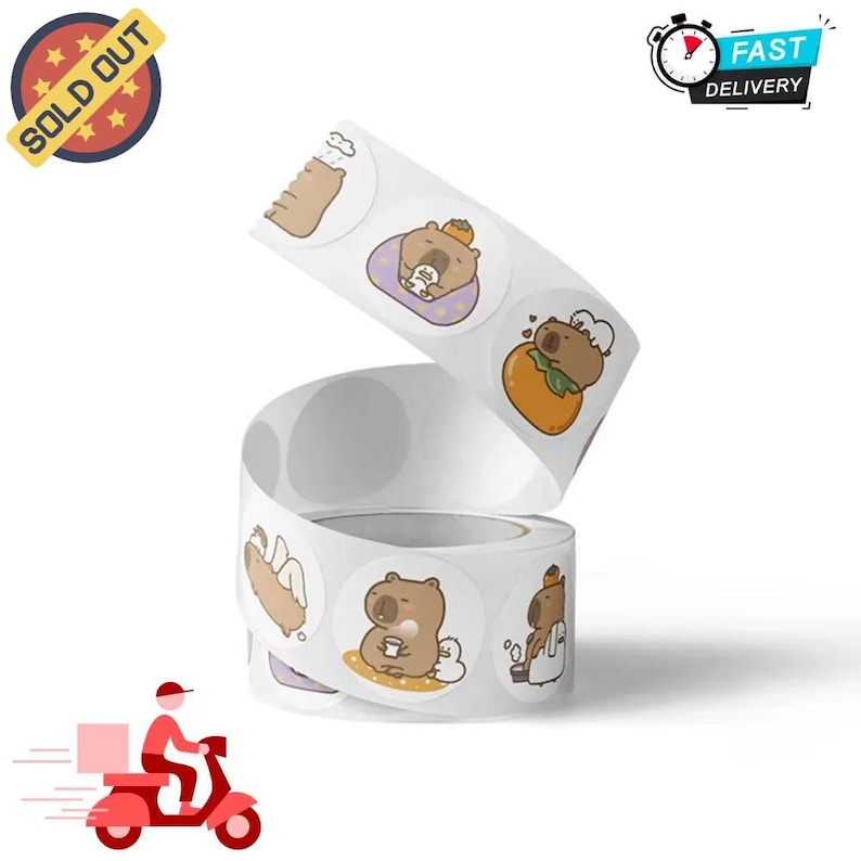May include: Two rolls of white, round stickers with cartoon capybara illustrations. The capybaras are depicted in various poses, some wearing chef hats or wrapped in blankets. The stickers are labeled "SOLD OUT" and "FAST DELIVERY".