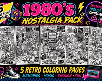 Kleurplaten nostalgie uit de jaren 80 | Arcade, VHS, neon retro activiteitenpakket (directe download)