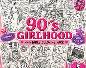 Kleurplaten 90's Nostalgia Kleurplaten Printen | Meisjespakket jaren 90 | Pdf direct downloaden