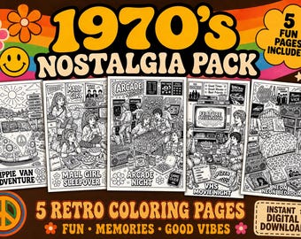 Kleurplaten nostalgie uit de jaren 70 | Kleurpakket retro hippie | Afdrukbare activiteitenpagina's uit de jaren 70 | Groovy retro kleurplaten | Direct downloaden