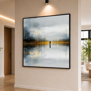 Tranquilla pesca mattutina, riflesso di un lago nebbioso su tela, sereno paesaggio naturale, arte murale minimalista, decorazione di una calma scena all'aperto