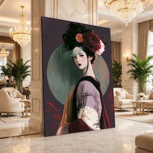 Può includere: Una stampa artistica da parete verticale che presenta l'illustrazione digitale di una persona con capelli scuri raccolti in uno chignon decorato con grandi fiori rossi e arancioni. La figura indossa un indumento color viola chiaro e crema su uno sfondo scuro con un grande cerchio verde acqua.
