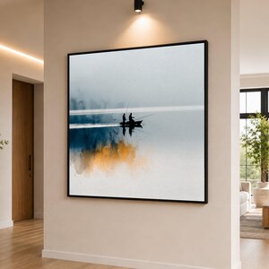 Tela con tranquilla barca da pesca, quadro da parete con calmo riflesso del lago, tela con scena naturalistica minimalista, serena decorazione per la casa con paesaggio acquatico.